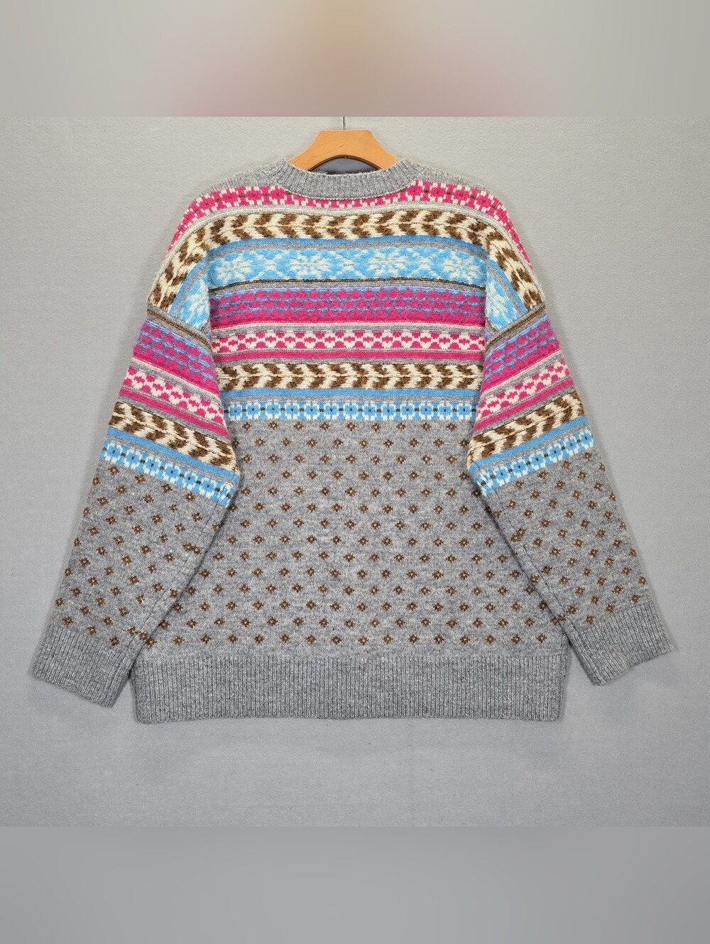 Lucky Brand Gray Pink Multi Aztec Fair Isle Look Cardigan Size Large - Picture 2 of 10